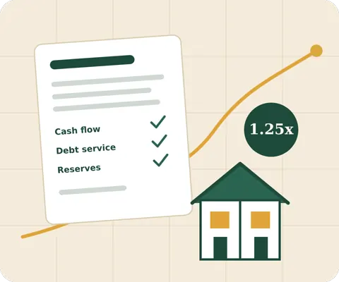 Illustration of a credit memo with cash flow, debt service and reserves checked off beside a duplex and a 1.25x coverage ratio